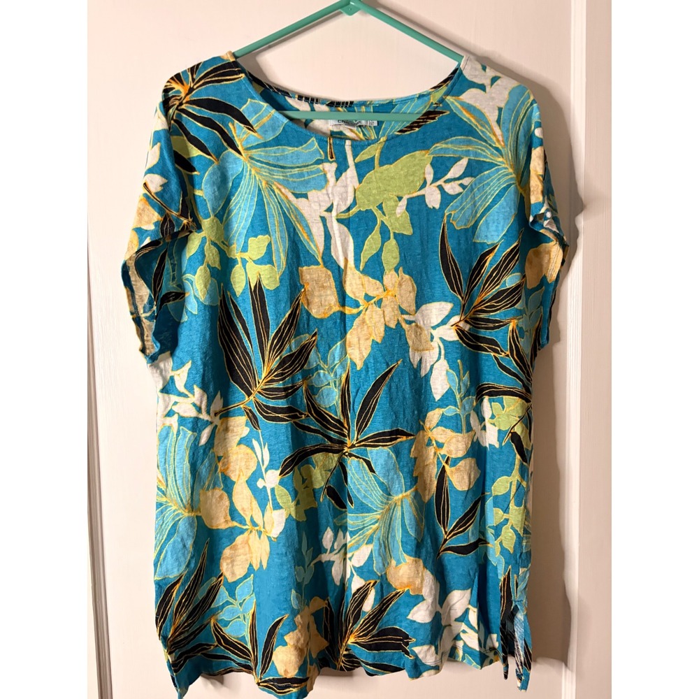 Chicos Blue Tropical Floral Linen Knit Top Size 3 XL Short Sleeve Scoop Neck